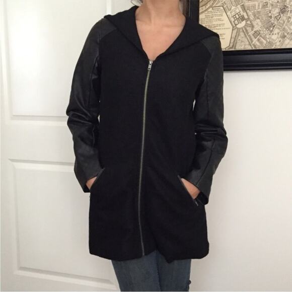 Jolt Faux Leather Sleeve Parka Hooded Womens Large Wool Blend Peacoat - Picture 1 of 10